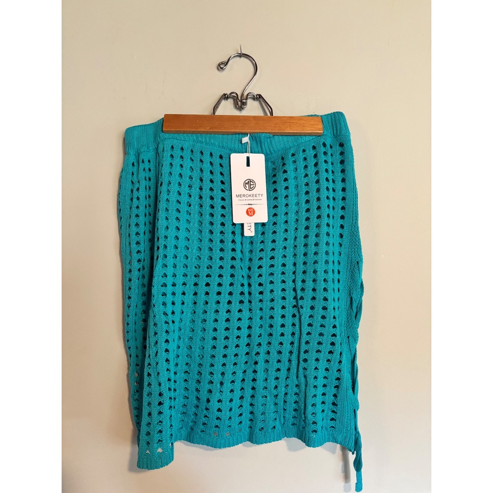 Merokeety‎ Teal Blue Crochet Mini Skirt Coverup Side Tie Open Knit Womens Size M